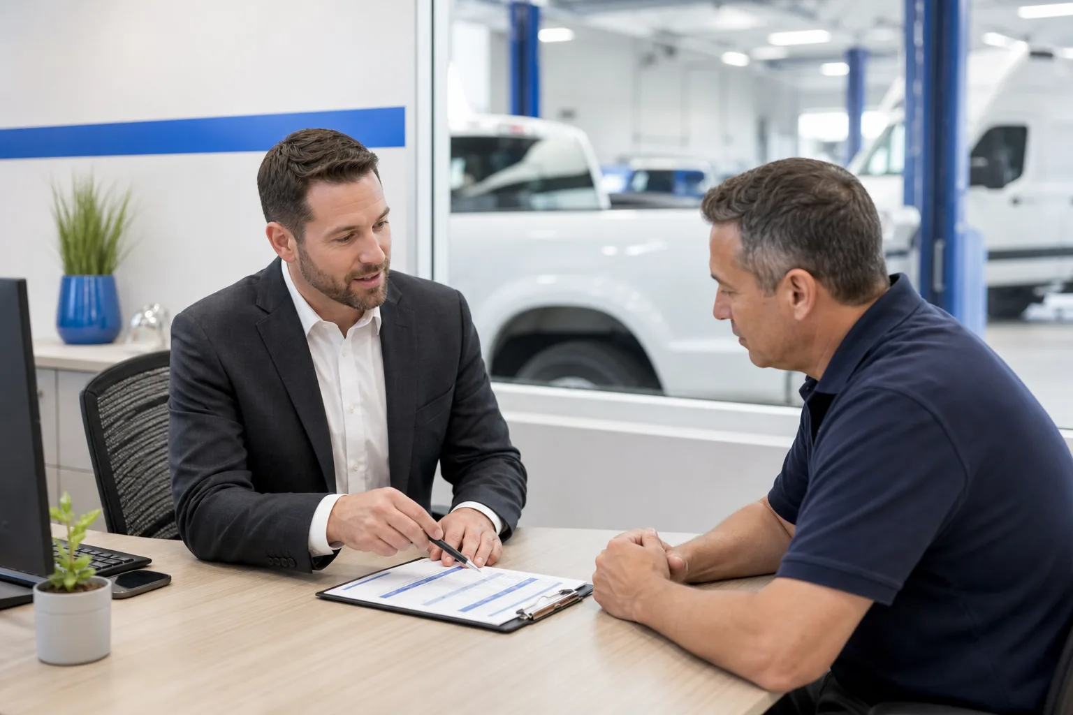 Service advisor discussing fleet maintenance schedule with a local business owner, 1200x800