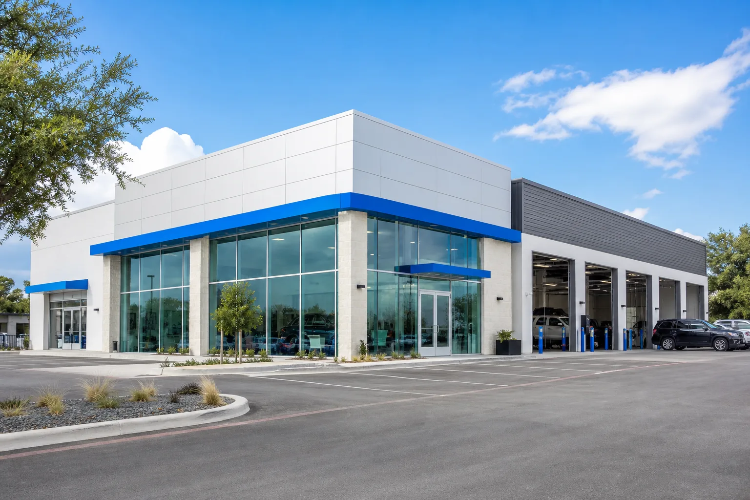 Exterior view of leptocephal automotive service center building in Austin, 1920x1080