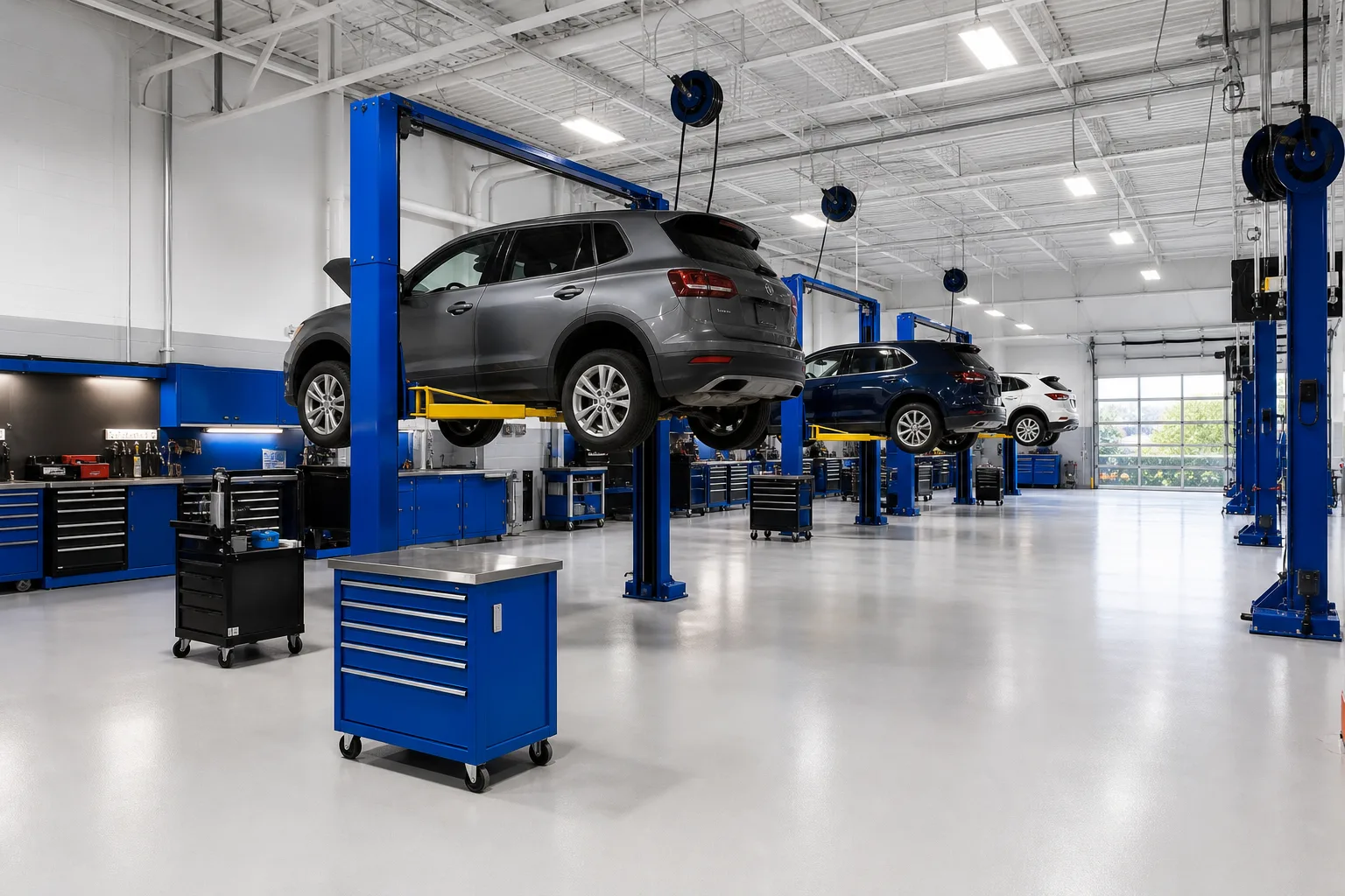 Wide view of leptocephal workshop floor with vehicle lifts and diagnostic stations, 1200x800