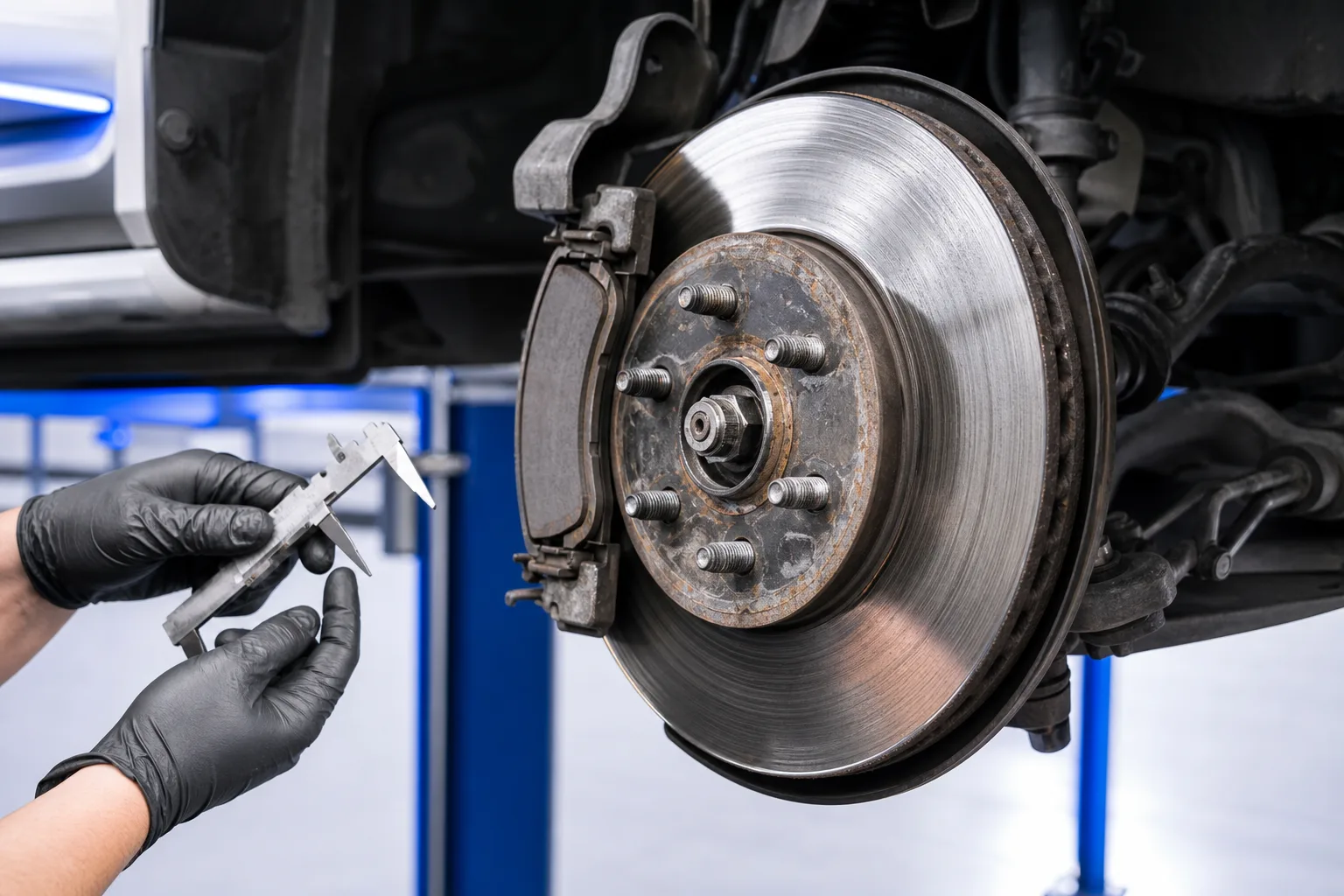 Close-up of brake rotor and pad showing visible wear indicators on a lifted vehicle, 1200x800