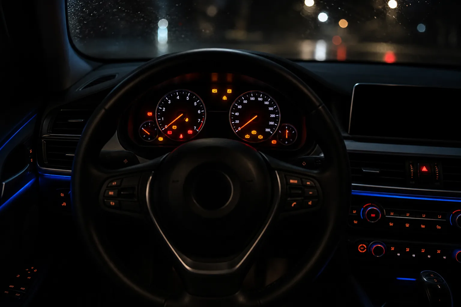 Vehicle dashboard displaying illuminated engine and electronic warning indicators, 1200x800