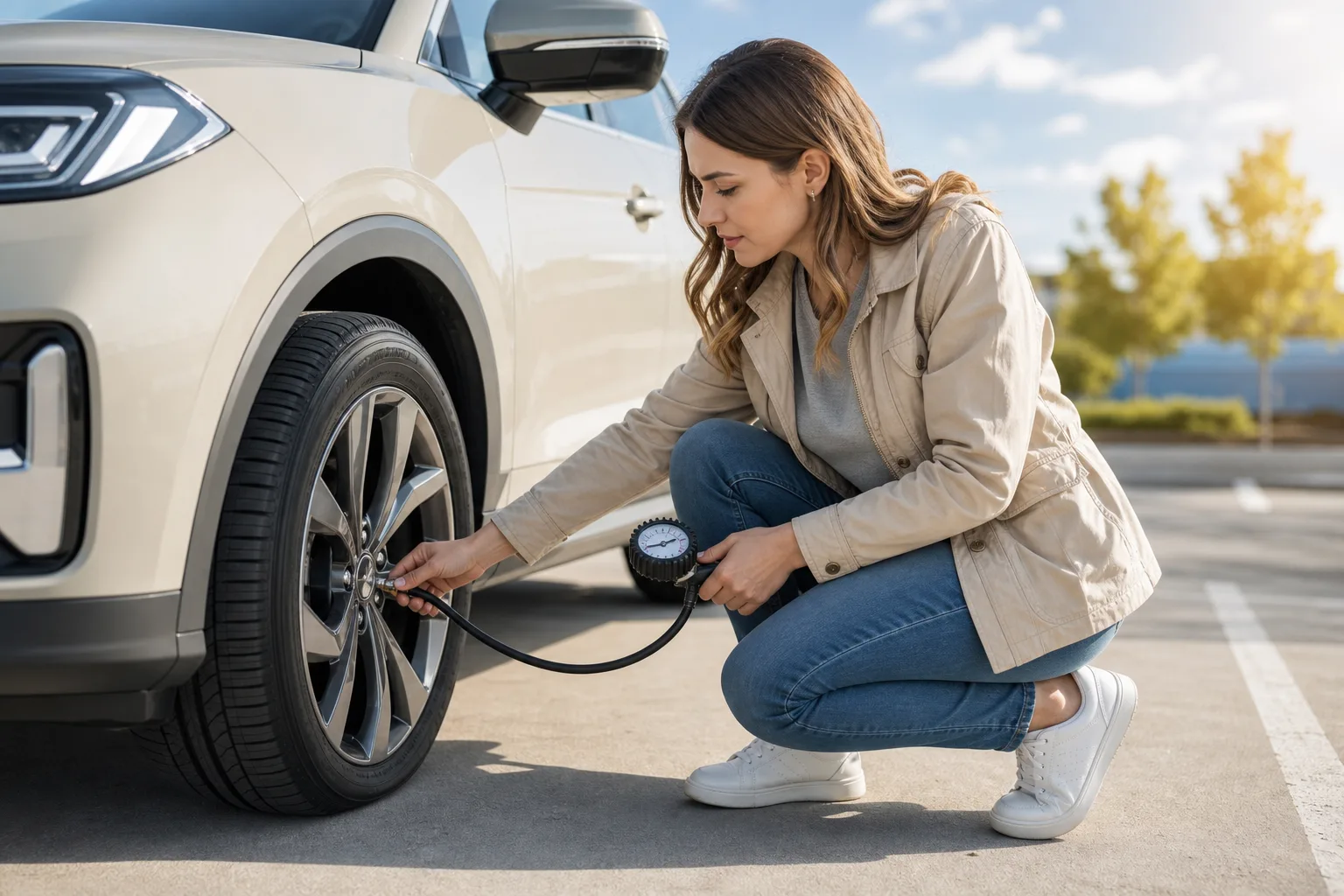 Driver checking tire pressure with a gauge on all four wheels in a parking area, 1200x800