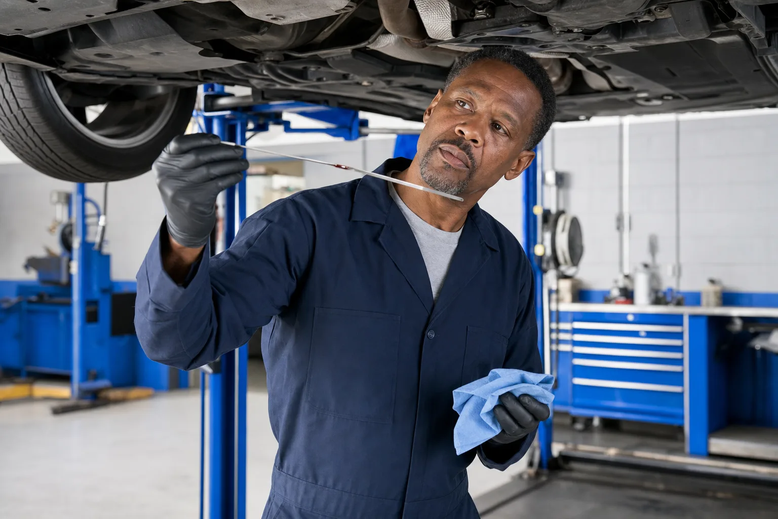 Technician checking transmission fluid level and color during scheduled service, 1200x800