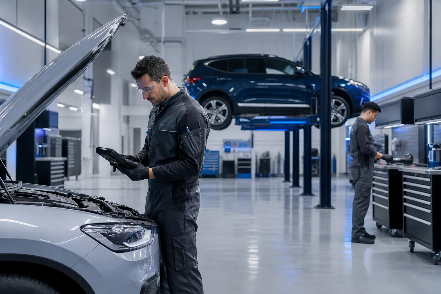 Modern automotive service center interior with technicians inspecting a vehicle, 1920x1080