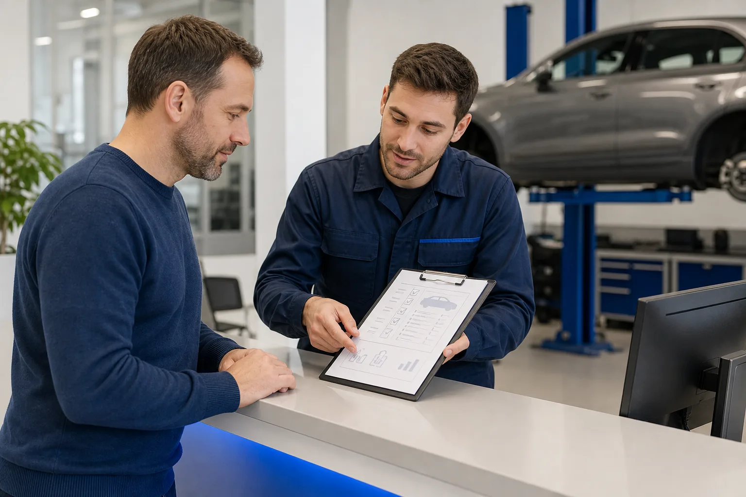 Technician reviewing a vehicle diagnostic report with a client at the service desk, 1200x800