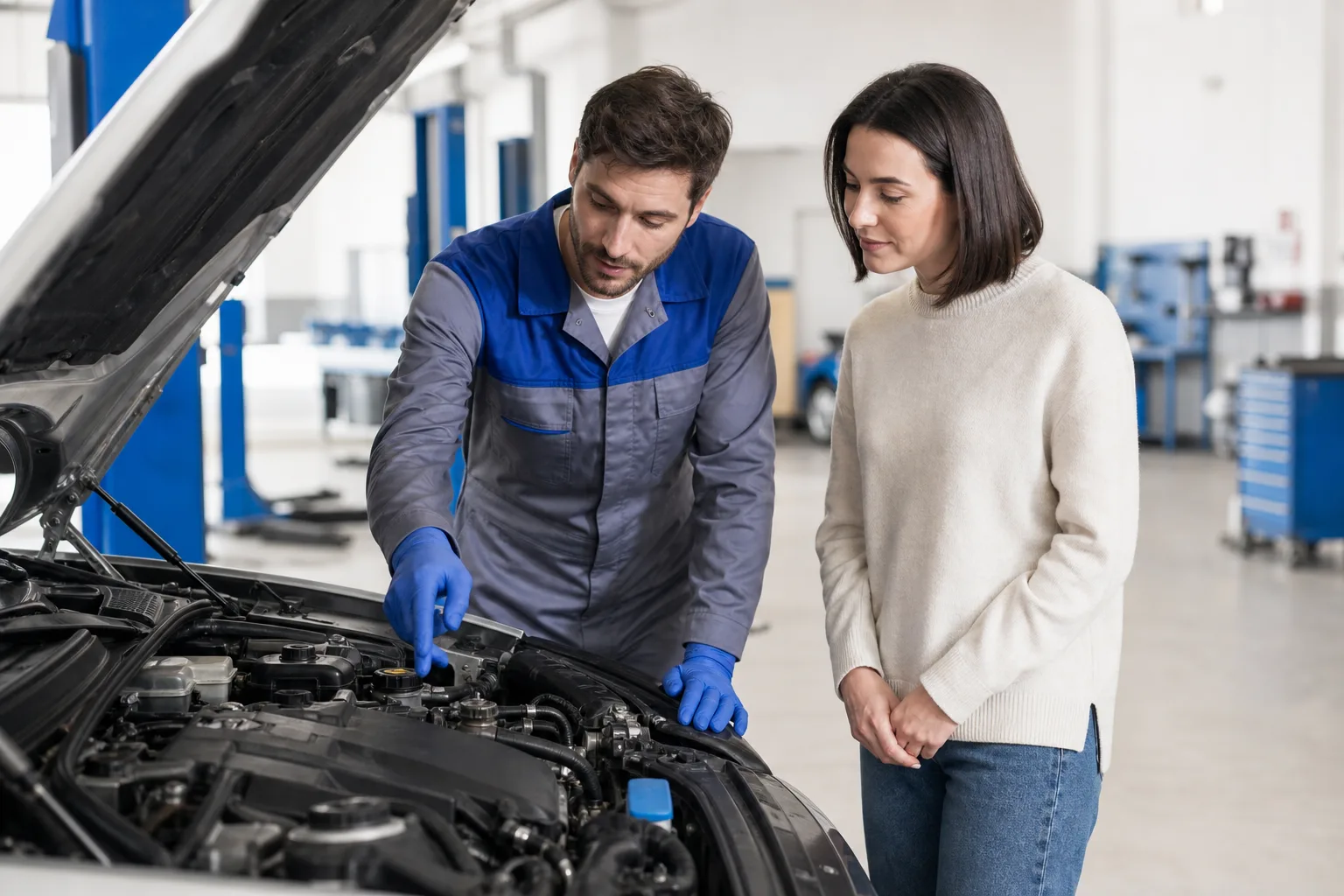 Mechanic demonstrating routine vehicle maintenance checks to a car owner in a workshop, 1200x800